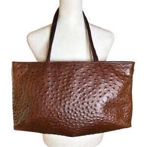 FALOR Ostrich Brown Rich Leather Handbag Woven Straps Italy Tote Luxury Vintage‎